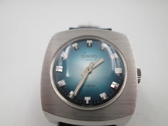 Duward women's watch. Stainless steel. Blue sphere. Manual wind. Leather strap. 1970's Duward women's watch. Stainless steel. Blue sphere. Manual wind. Leather strap. 1970's