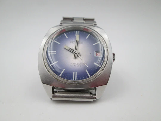 Duward. Acero inoxidable. Dial tornasolado azul gris. Calendario. Brazalete. 1970