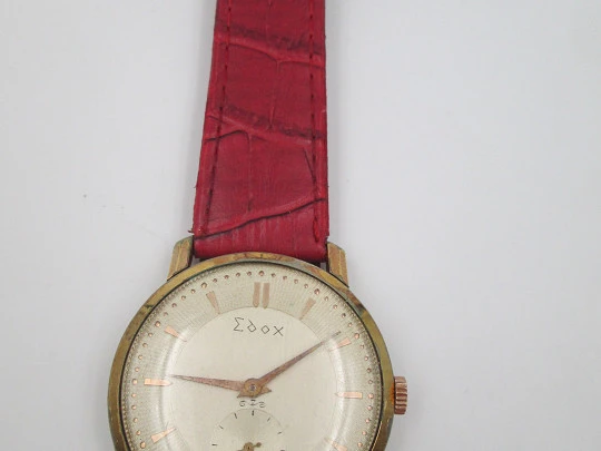 Edox. Stainless steel & gold plated. Manual wind. Sub Second. Strap. 1960's