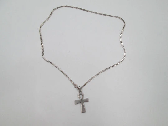 Egyptian cross pendant with flat link curb chain. 925 sterling silver. 1990's. Italy