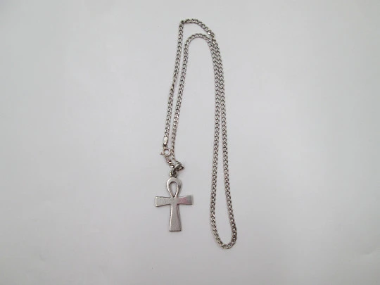 Egyptian cross pendant with flat link curb chain. 925 sterling silver. 1990's. Italy