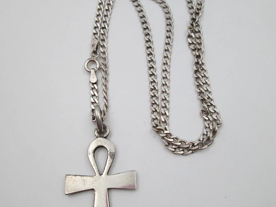 Egyptian cross pendant with flat link curb chain. 925 sterling silver. 1990's. Italy