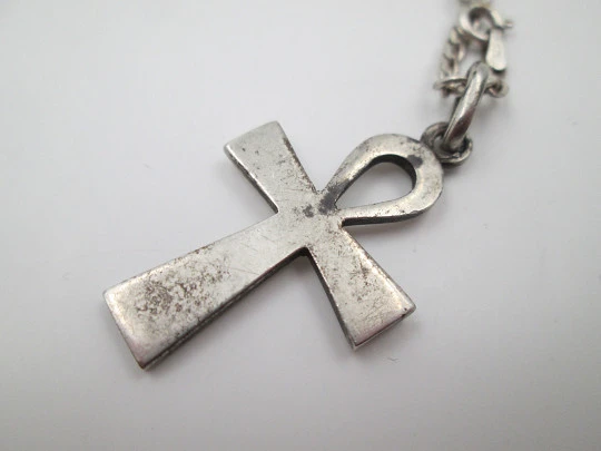 Egyptian cross pendant with flat link curb chain. 925 sterling silver. 1990's. Italy