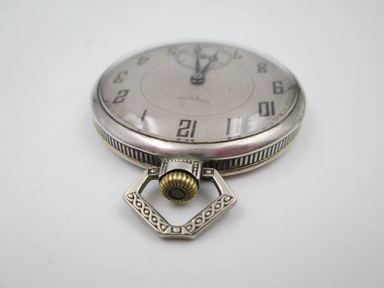 Elegancia art deco open face pocket watch. 800 sterling silver. Small seconds hand. 1920's