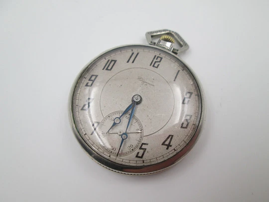 Elegancia art deco open face pocket watch. 800 sterling silver. Small seconds hand. 1920's