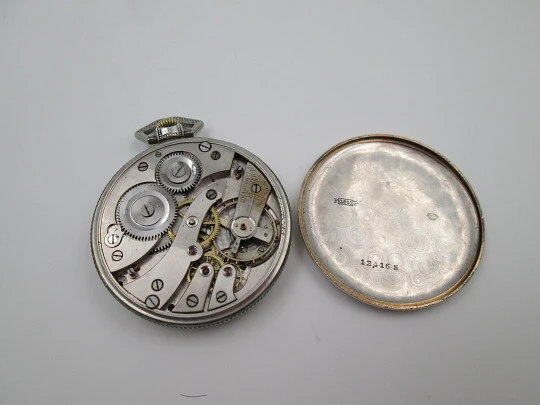 Elegancia art deco open face pocket watch. 800 sterling silver. Small seconds hand. 1920's