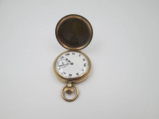 Elgin hunter-case pocket watch with chain. Gold plated. Stem-wind. Porcelain dial. 1930's