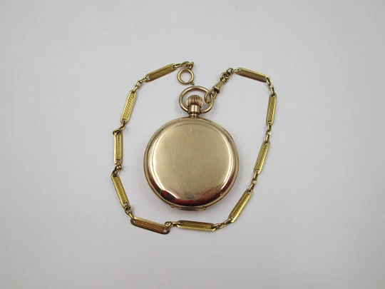 Elgin hunter-case pocket watch with chain. Gold plated. Stem-wind. Porcelain dial. 1930's