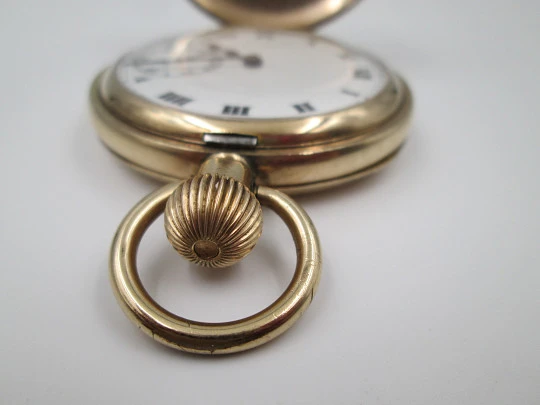 Elgin hunter-case pocket watch with chain. Gold plated. Stem-wind. Porcelain dial. 1930's