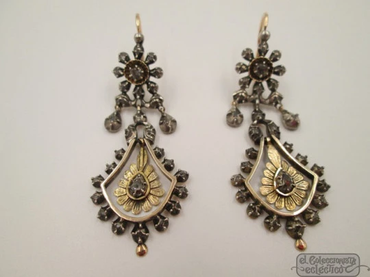 Elizabethan earrings. 18K gold and silver. Diamonds. Early 20th century