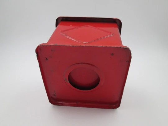 Elma coffee grinder. Red lacquer metal and green plastic details. Spain. 1950's