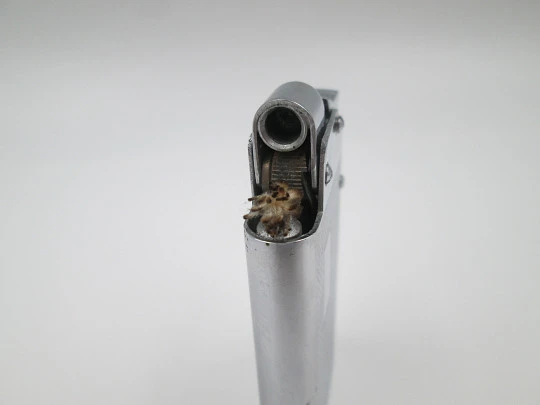 Encendedor de bolsillo automático a gasolina Benlow Master. Metal plateado. Caja. 1950 Encendedor de bolsillo automático a gasolina Benlow Master. Metal plateado. Caja. 1950