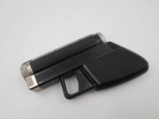 Encendedor de bolsillo Imco Gunlite G 66-R. Plástico negro y metal. Pistola a gas. 1970