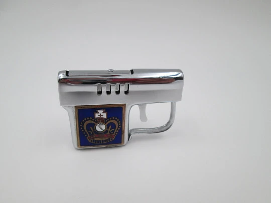 Encendedor gasolina pistola Corona. Metal plateado y esmalte. Automático