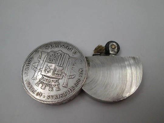 Encendedor moneda 5 pesetas Gobierno Provisional. Plata de ley 900. Gasolina. 1870