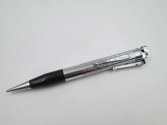 Encendedor portaminas Ronson Penciliter. Metal cromado y plástico negro. 1940. Caja Encendedor portaminas Ronson Penciliter. Metal cromado y plástico negro. 1940. Caja