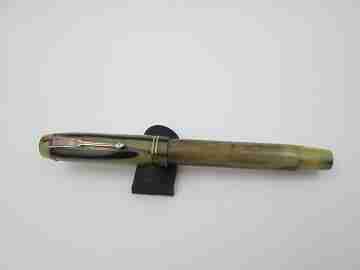 English fountain pen. Marble celluloid & gold plated. 14k gold nib. Button filler. 1950's