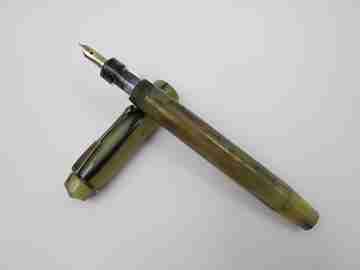 English fountain pen. Marble celluloid & gold plated. 14k gold nib. Button filler. 1950's