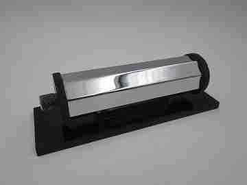 English office desk perpetual calendar. Silver plated metal & black resin stand. 1970's