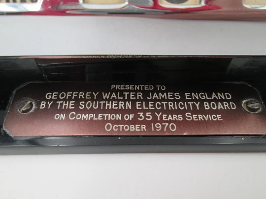 English office desk perpetual calendar. Silver plated metal & black resin stand. 1970's