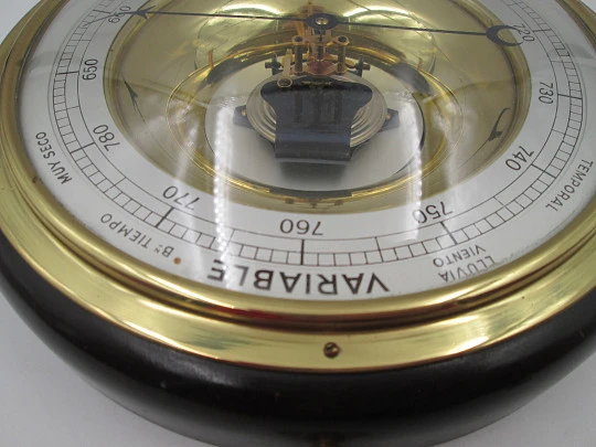 Enosa wall circular aneroid barometer. Wood, iron and brass. Metallic dial. Spain. 1960's