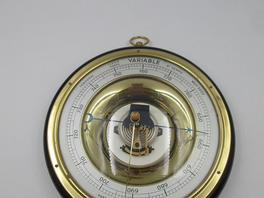 Enosa wall circular aneroid barometer. Wood, iron and brass. Metallic dial. Spain. 1960's