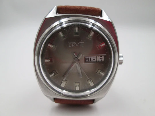 Ervil. Automatic. Date & day. Stainless steel. Strap. 1970's. Swiss made