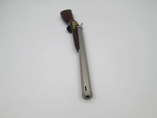 Escopeta encendedor multiusos a gas. Metal plateado y dorado. Lacado madera. 1990