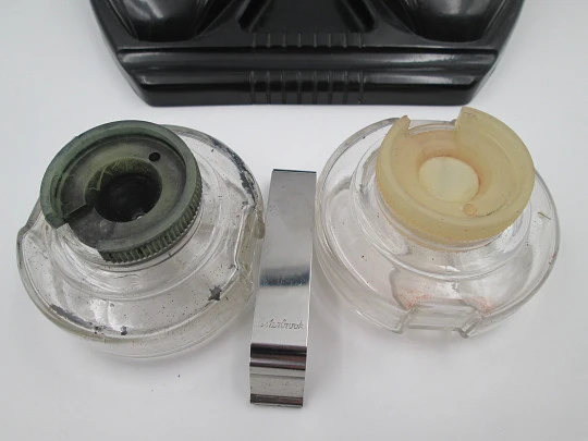 Esterbrook bakelite art deco desk set with crystal inkwells and dip pens stands. 1930's