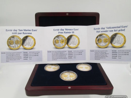 Estuche 3 monedas 50 euros. San Marino, Mónaco y Vaticano. Plata y baño 24K