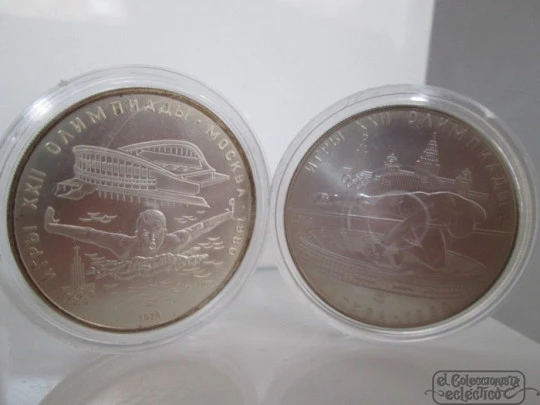 Estuche cinco monedas. Rublos. Olimpiadas. 1980. Moscú. Plata 900