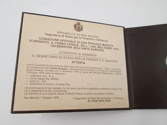 Estuche moneda plata de ley mil liras. República de San Marino. Unión Europea. 1979