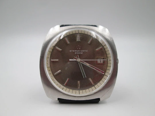 Eterna-Matic 2002. Acero inoxidable. Automático. Dial gris. Correa piel. 1970. Suiza