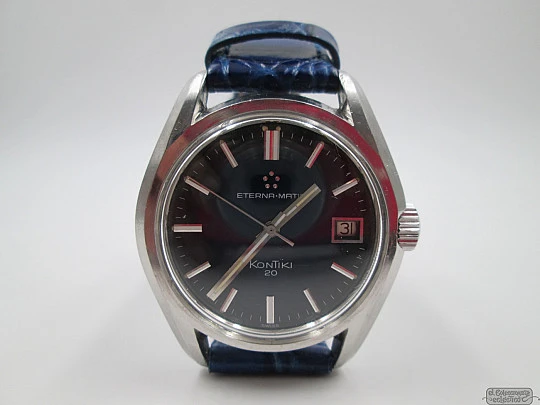 Eterna Matic Kontiki 20. Automatic. 1970's. Steel. Calendar. Blue dial