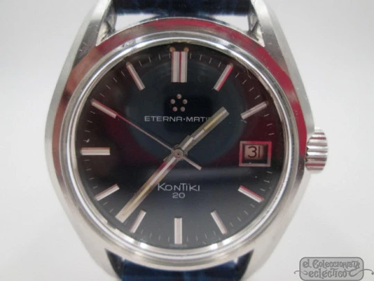 Eterna Matic Kontiki 20. Automatic. 1970's. Steel. Calendar. Blue dial