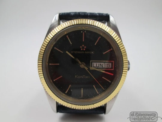 Eterna Matic Kontiki. Acero / chapado oro. Automático. Día y fecha. Dial negro