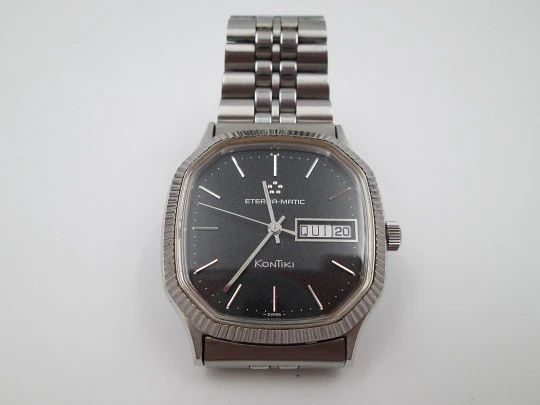 Eterna Matic Kontiki. Automatic. Stainless steel. Black dial. Calendar. Box. 1970's