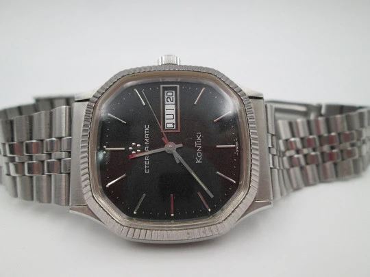 Eterna Matic Kontiki. Automatic. Stainless steel. Black dial. Calendar. Box. 1970's