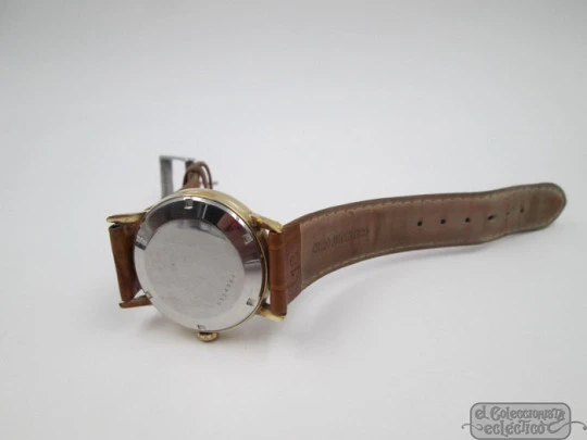 Eterna Matic. Automatic. 1970's. Steel & gold plated. Calendar. Brown strap