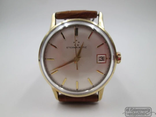 Eterna Matic. Automatic. 1970's. Steel & gold plated. Calendar. Brown strap