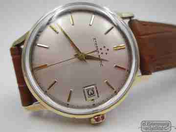 Eterna Matic. Automatic. 1970's. Steel & gold plated. Calendar. Brown strap