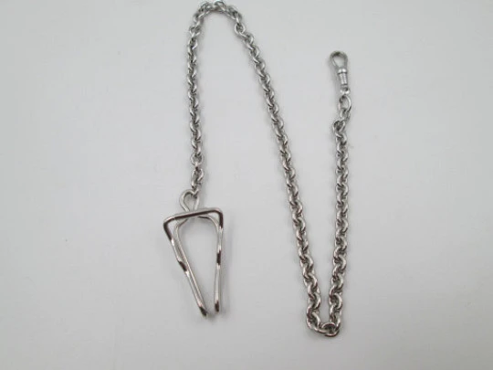 Eterna pocket watch braided chain. Sterling silver. Belt hook clip & carabiner. Swiss. 1930's