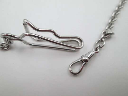 Eterna pocket watch braided chain. Sterling silver. Belt hook clip & carabiner. Swiss. 1930's