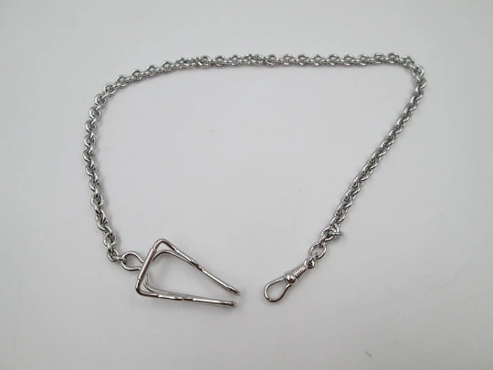 Eterna pocket watch braided chain. Sterling silver. Belt hook clip & carabiner. Swiss. 1930's