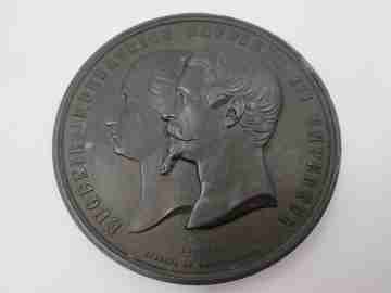 Eugenia de Montijo y Napoleón III medalla zinc. Palacio Industria. Armand Auguste Caqué. 1855