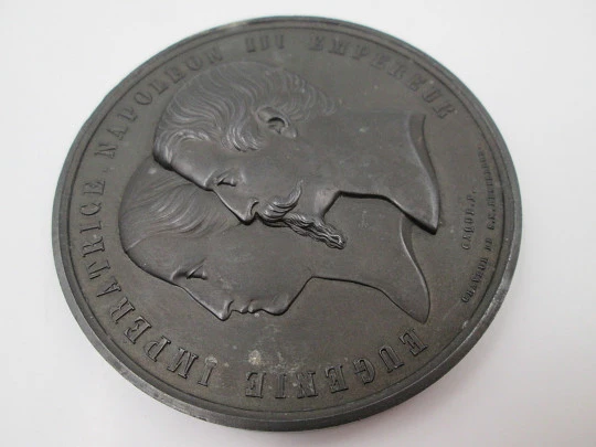 Eugenia de Montijo y Napoleón III medalla zinc. Palacio Industria. Armand Auguste Caqué. 1855