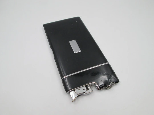 Evans art deco petrol lighter with cigarette case. Silver plated and black enamel. 1940's Evans art deco petrol lighter with cigarette case. Silver plated and black enamel. 1940's