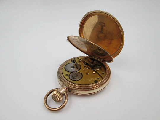 Everite / Keystone hunter-case pocket watch. Gold plated metal. Stem winding. 1910's