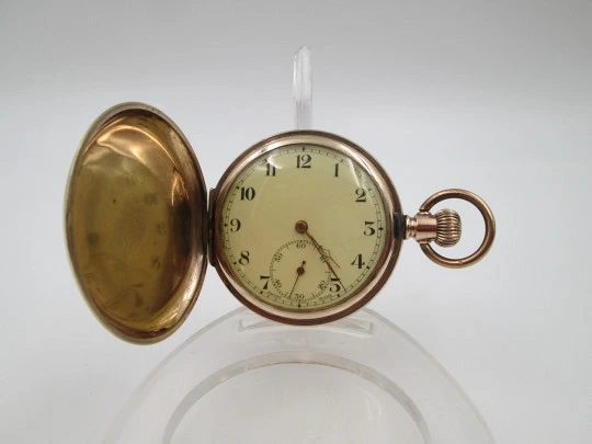 Everite / Keystone hunter-case pocket watch. Gold plated metal. Stem winding. 1910's