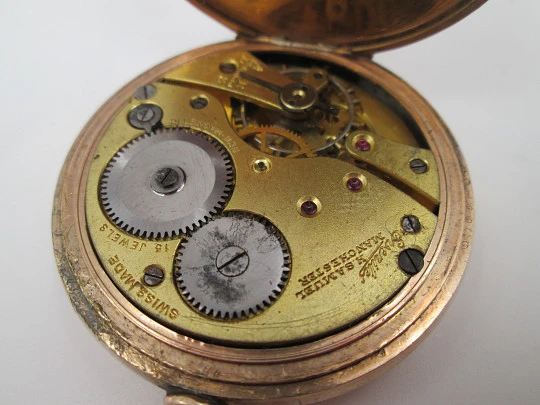 Everite / Keystone hunter-case pocket watch. Gold plated metal. Stem winding. 1910's